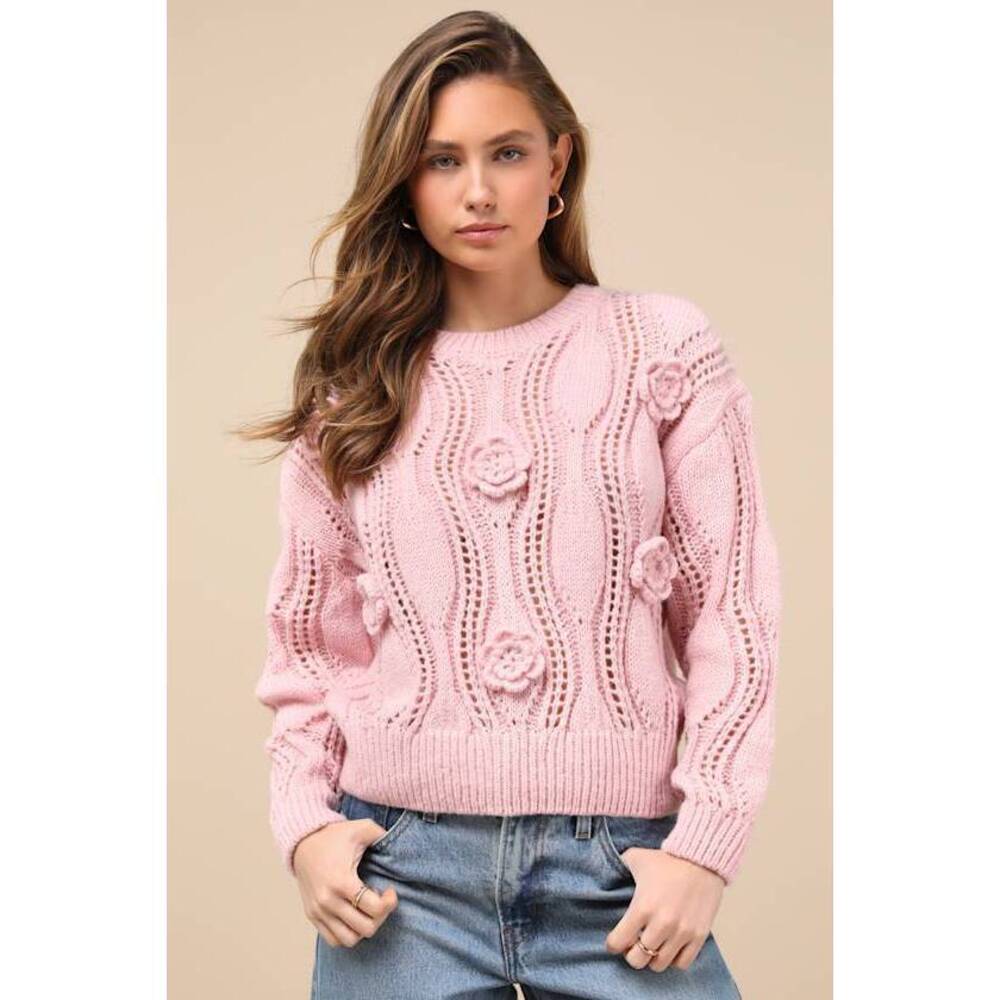 NWT Lulus Precisely Adorable Light Pink 3d Floral Pointelle Knit Sweater